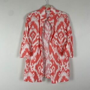 Chico's Women's Coral White Ikat Print 3/4 Sleeve Linen Open Front Jacket Size S